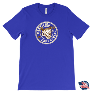 front view of a royal blue Canvas Mens T-Shirt featuring the original Certified Caffeiniac design on the front. Made in the USA