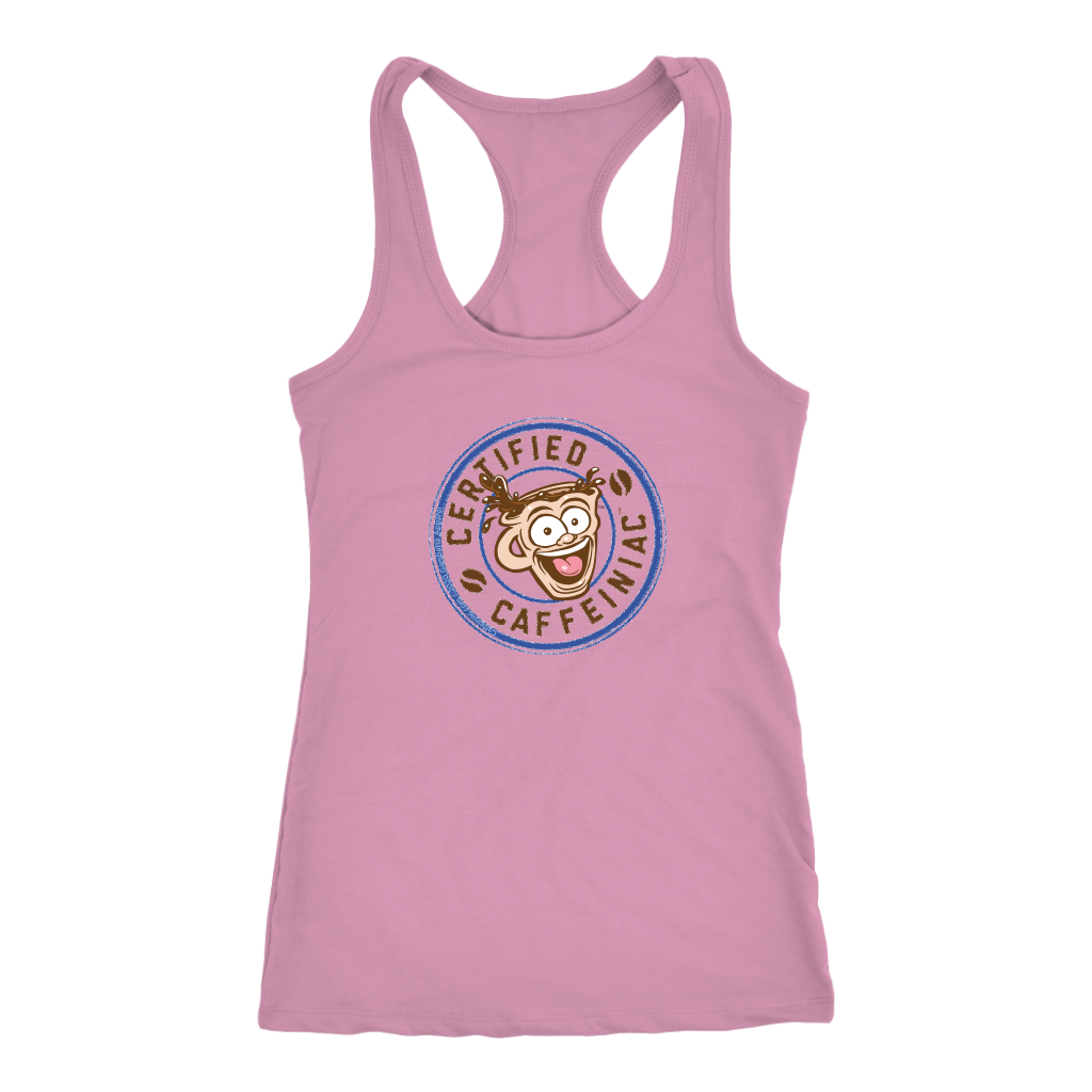 front view of a pink racerback tank top featuring the Certified Caffeiniac design on the front 