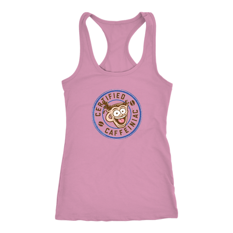 Image of front view of a pink racerback tank top featuring the Certified Caffeiniac design on the front 
