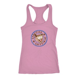 front view of a pink racerback tank top featuring the Certified Caffeiniac design on the front 