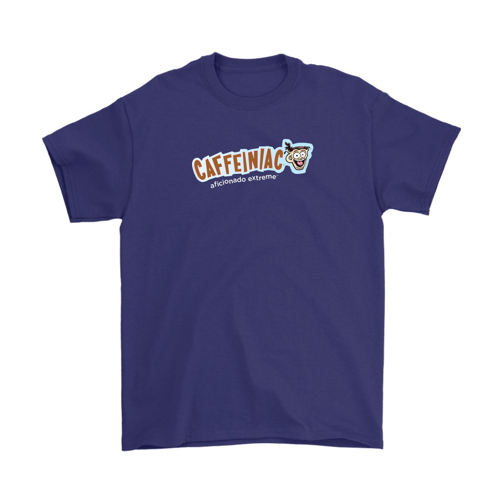 a purple Gildan Mens T-Shirt featuring the Caffeinaic aficionado extreme design on the front