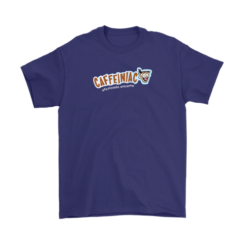 Image of a purple Gildan Mens T-Shirt featuring the Caffeinaic aficionado extreme design on the front