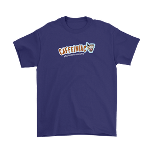 a purple Gildan Mens T-Shirt featuring the Caffeinaic aficionado extreme design on the front