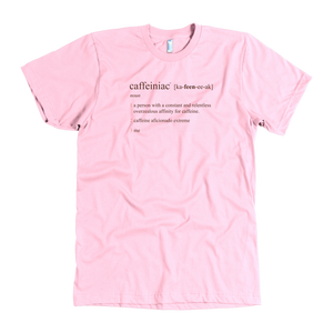 Front view of a men's pink t-shirt featuring the Caffeiniac design "Caffeiniac defined"