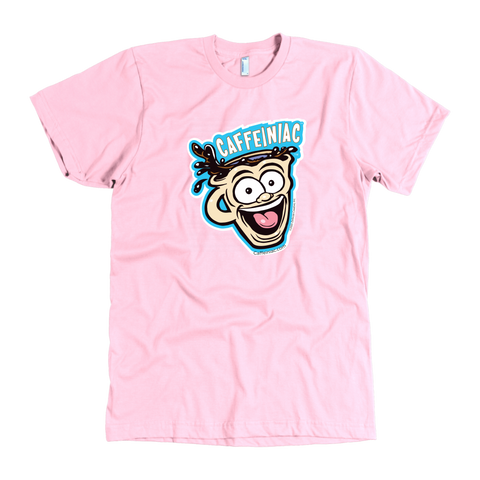 Image of front view of a pink mens t-shirt featuring the original Caffeiniac dude cup design
