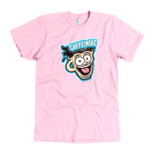 front view of a pink mens t-shirt featuring the original Caffeiniac dude cup design