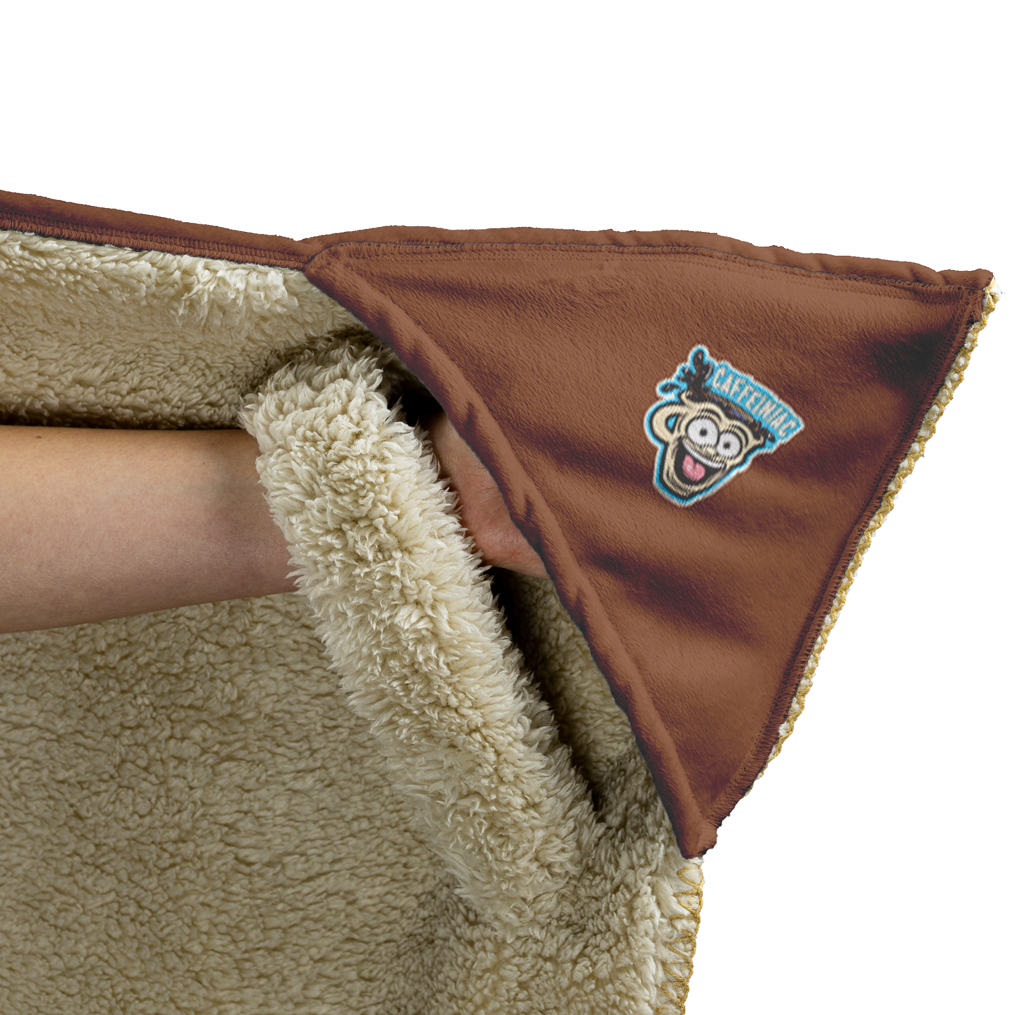 the left glove area of a fleece lined hooded blanket with the Caffeiniac Dude logo on the glove