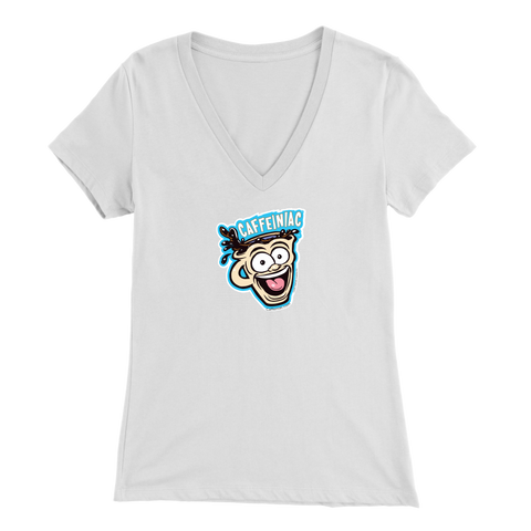 Image of Front view of a white colored womens v-neck light blue shirt featuring the original Caffeiniac Dude cup design on the front