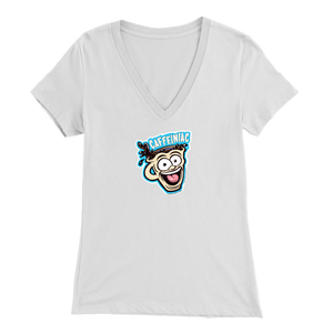 Front view of a white colored womens v-neck light blue shirt featuring the original Caffeiniac Dude cup design on the front