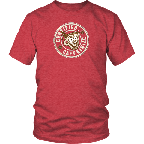 Image of Front view of a men’s red t-shirt featuring the Certified Caffeiniac design in tan ink on the front