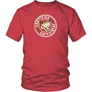 Front view of a men’s red t-shirt featuring the Certified Caffeiniac design in tan ink on the front