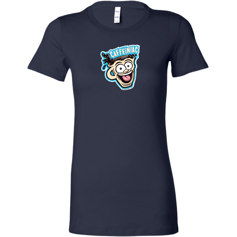Image of front view of a navy blue short sleeve shirt featuring the original Caffeiniac dude cup design on the front