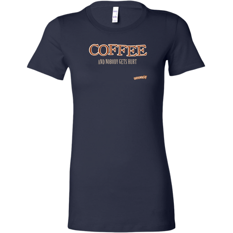 Image of front view of a womans navy blue shirt featuring the Caffeiniac design "Coffee and nobody gets hurt" on the front 