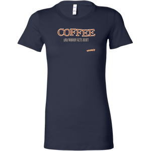front view of a womans navy blue shirt featuring the Caffeiniac design "Coffee and nobody gets hurt" on the front 